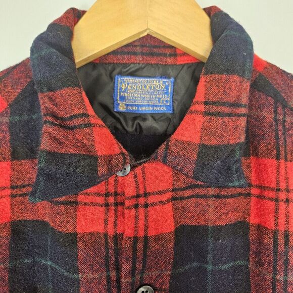 VTG 60s Pendleton Red Black Green Plaid Wool Loop Collar Shirt Made In U… - Picture 2 of 9